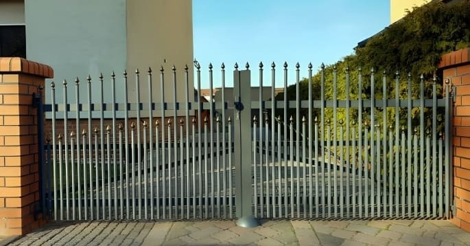 Reja de herrería gris en la entrada de una casa