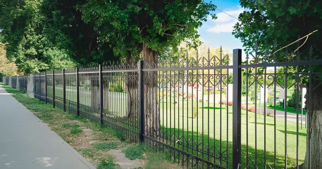 reja delimitando un jardin Reja metálica negra a lo largo de la acera de un parque