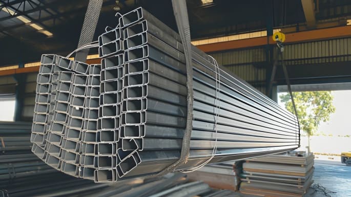 Perfiles de acero sujetados por una eslinga