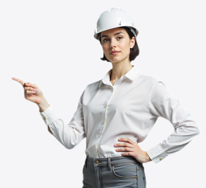 mujer con casco de construccion senalando Mujer con casco de construcción señalando a la izquierda
