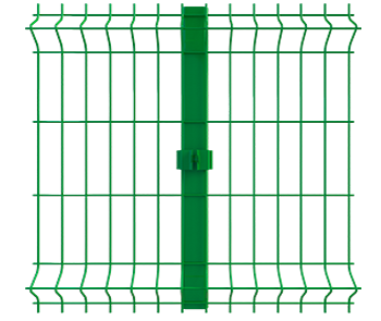 Reja de acero verde con poste y abrazaderas, vista frontal con fondo recortado