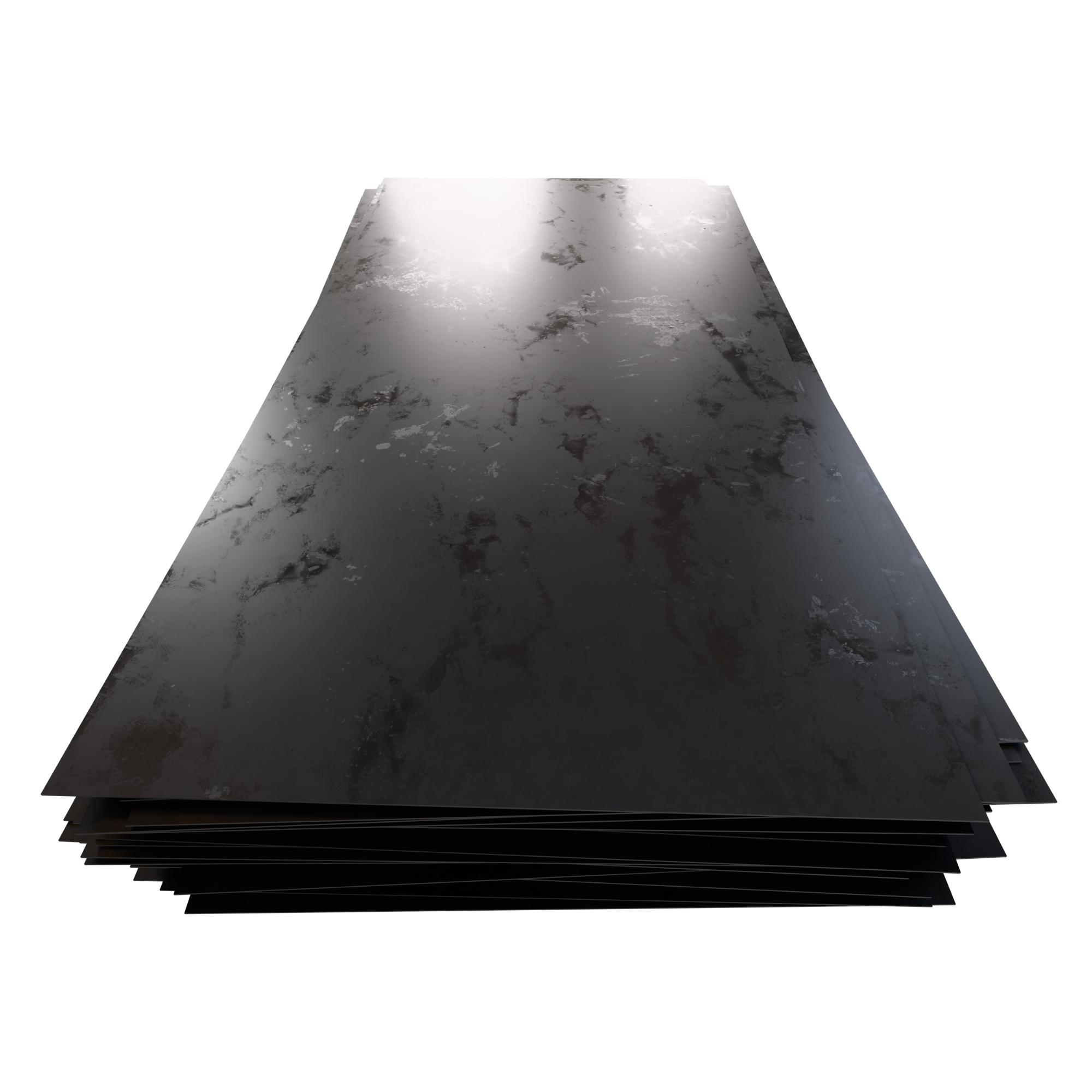 Láminas de acero negro con acabado mate apiladas y fondo recortado