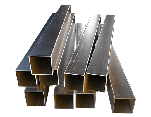 Perfiles PTR de acero encimados, vista frontal con fondo recortado