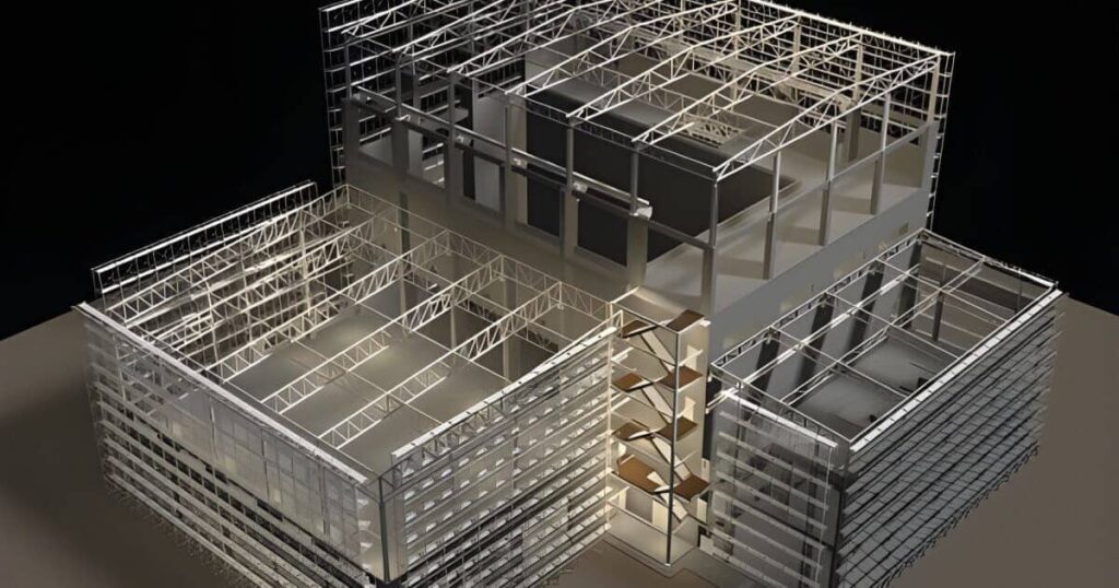 Modelo 3D de estructuras metálicas de edificio industrial