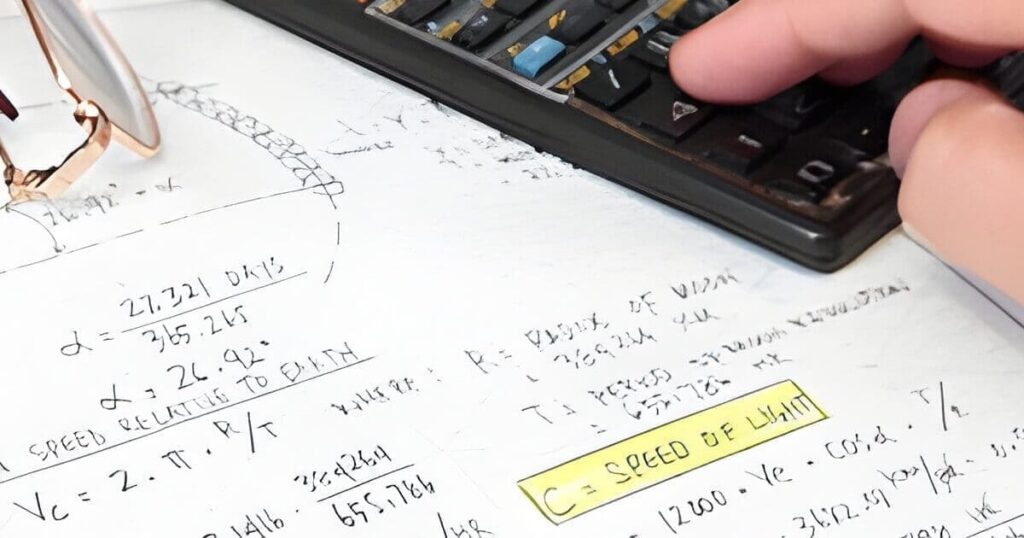 Plano detalle de cálculos en papel y calculadora