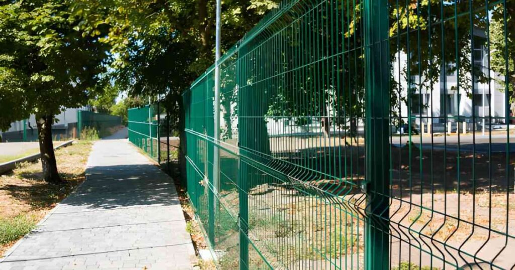 Reja de acero verde delimitando espacios abiertos públicos y privados 