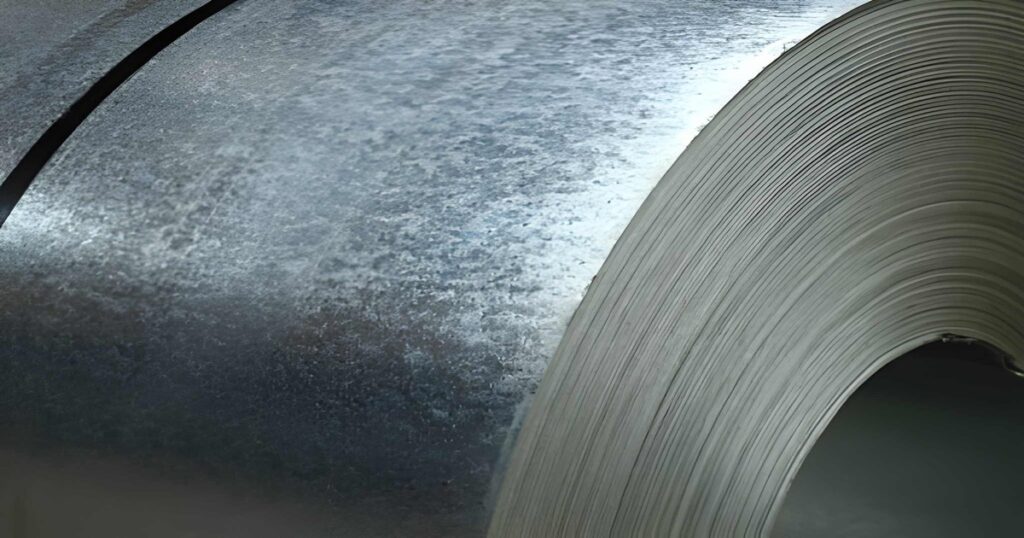  Acercamiento a rollo de acero galvanizado con textura de media flor