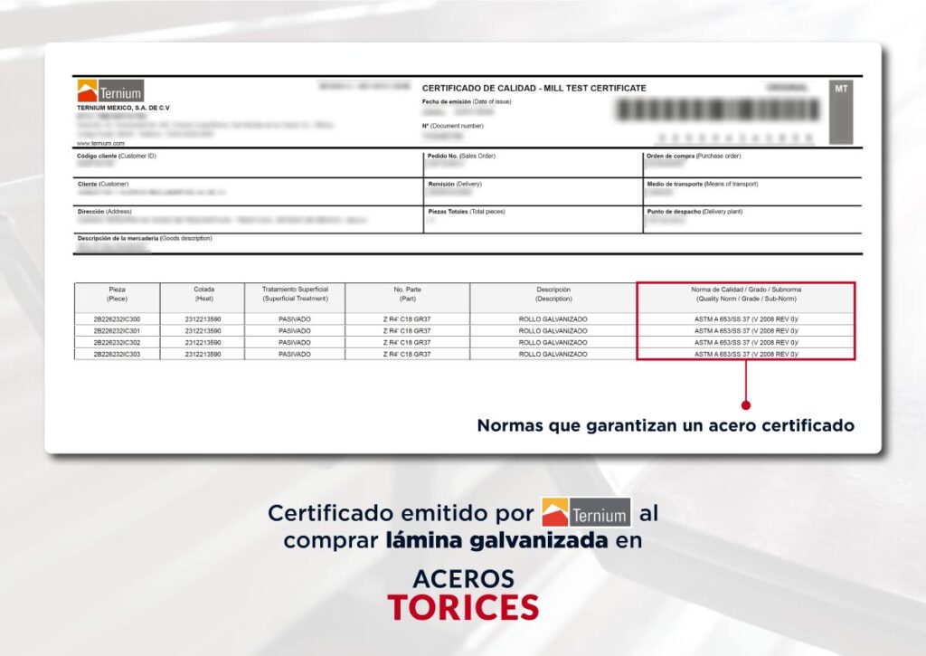 Certificado de calidad con normas de lámina galvanizada