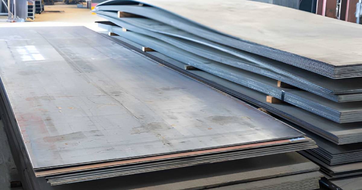 Placas y láminas de acero delgadas apiladas en una fábrica