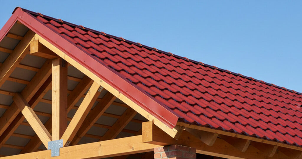 Construcción parcial de casa con aislamiento y cubierta de lámina tipo teja metálica