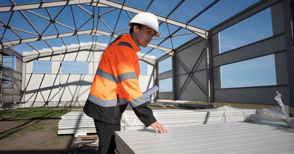 Estructura metálica en construcción con cerramientos de lámina para comparación entre lámina y panel aislante