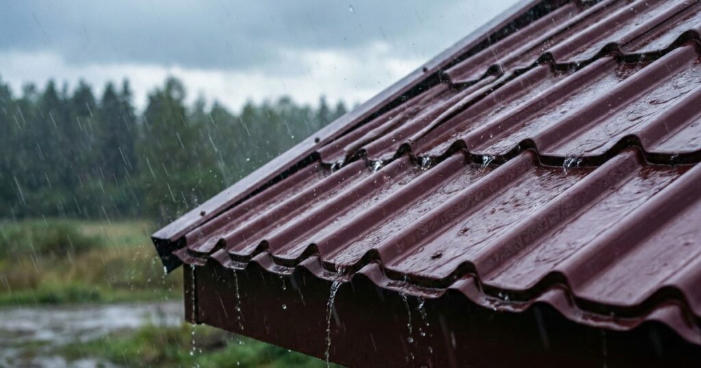 Sección de techo de lámina tipo teja bajo lluvia intensa
