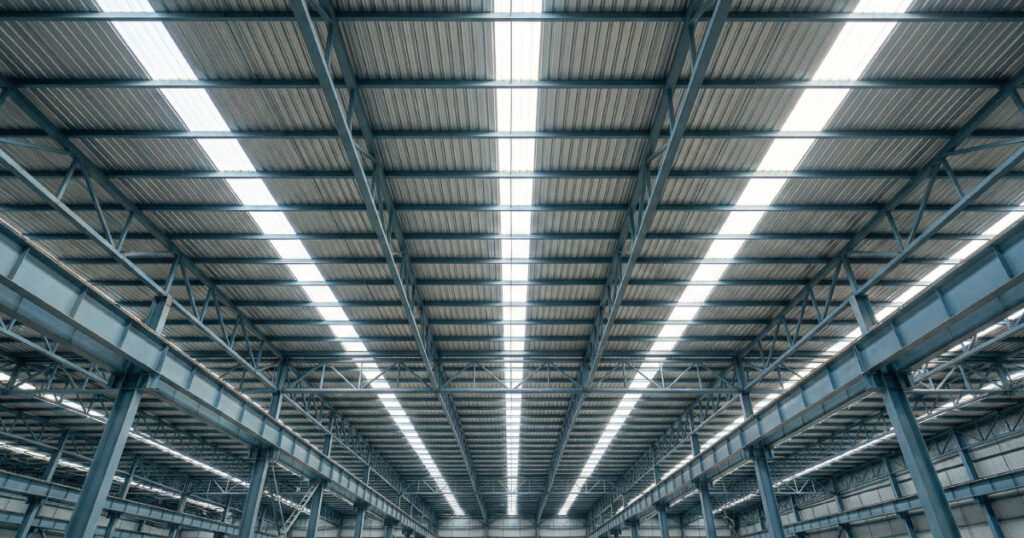 Cubierta industrial de acero y franjas de lámina traslúcida