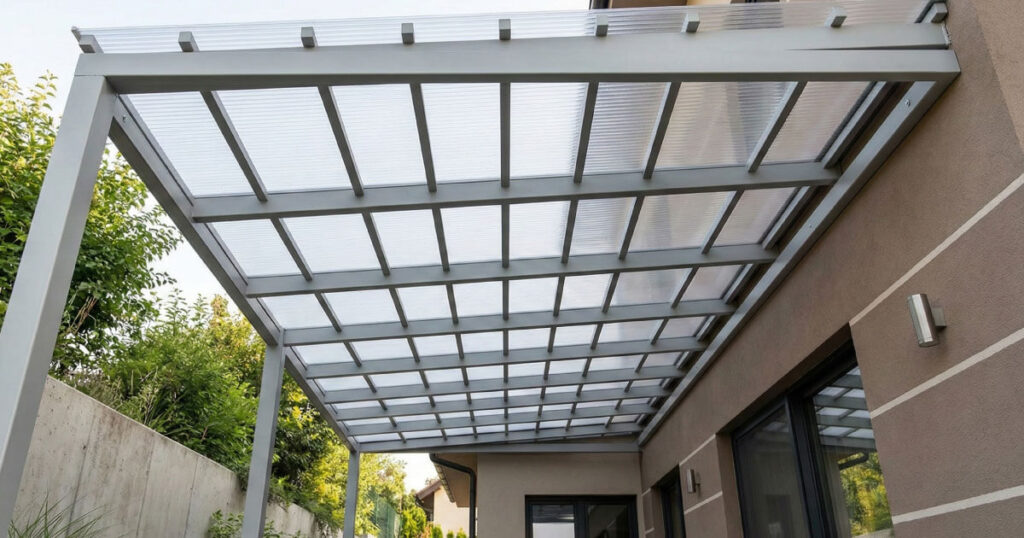 Estructura de acero con cubierta de lámina traslúcida en un patio residencial
