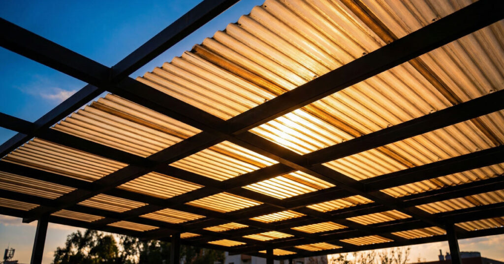 Estructura de acero con cubierta de lámina traslúcida iluminada por el sol