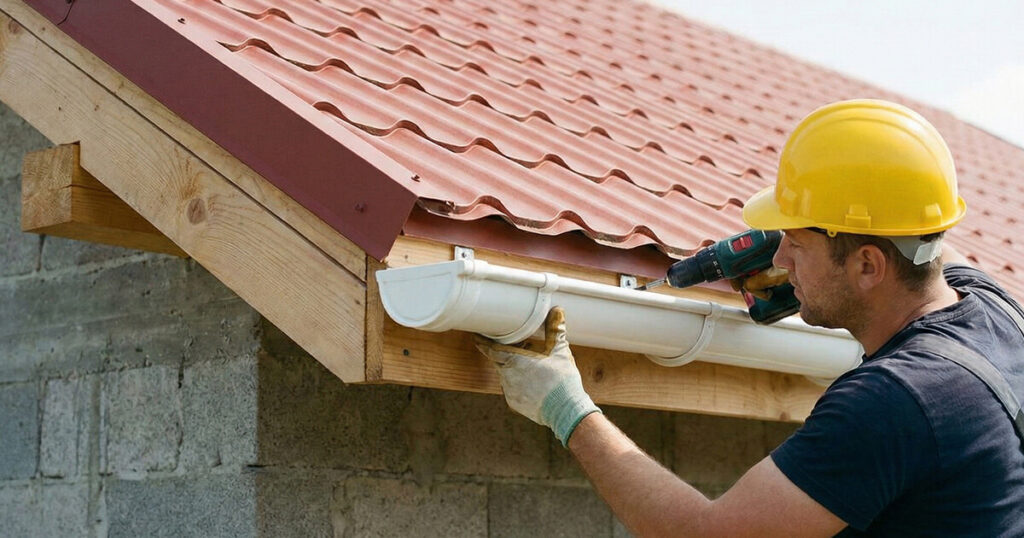 Hombre con casco colocando canaleta en borde de techo tipo teja