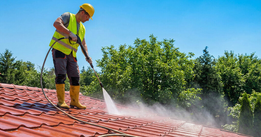 Hombre lavando un techo tipo teja