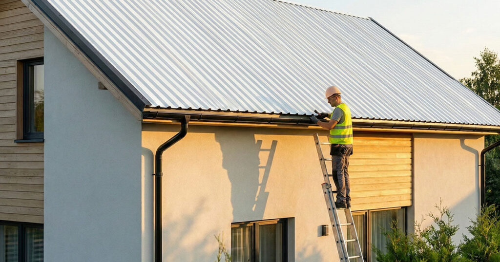 Hombre limpiando el canal de una cubierta en una construcción