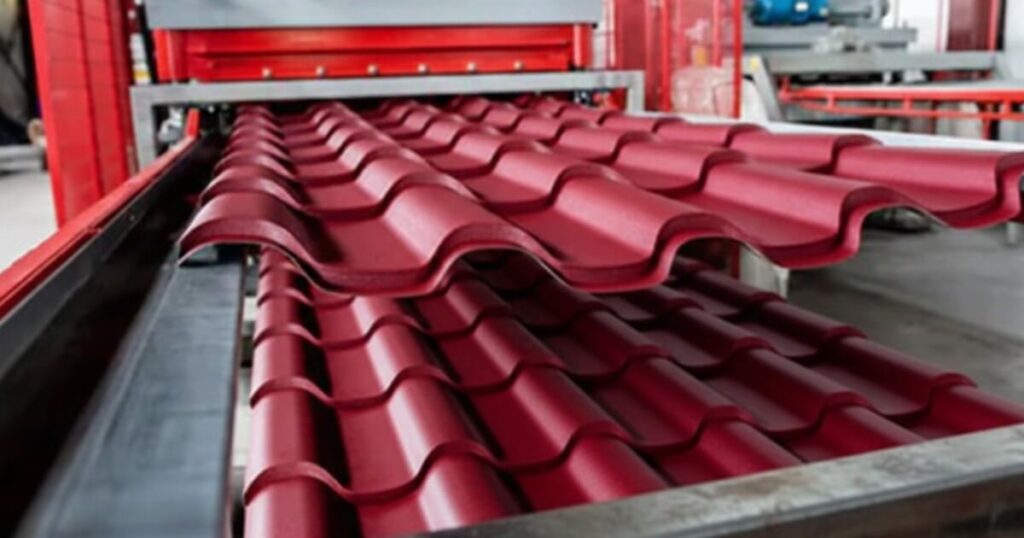 Láminas tipo teja metálicas saliendo de roladora industrial