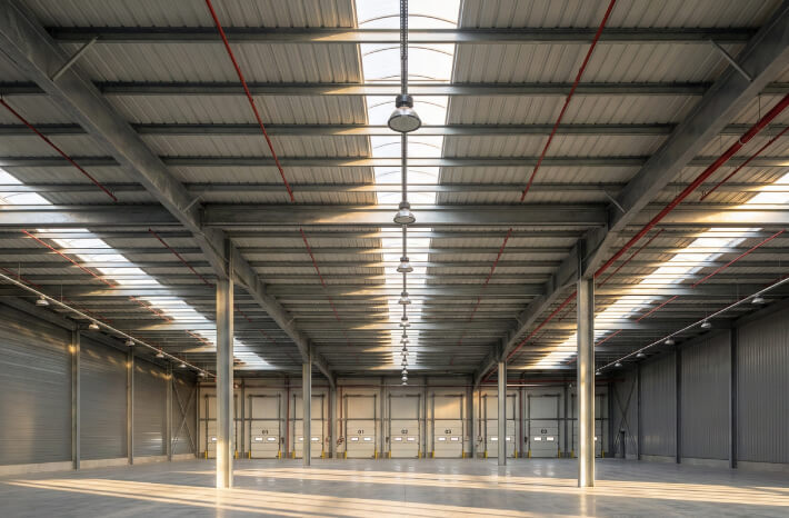 Nave industrial iluminada por luz natural a través de franjas de lámina traslúcida