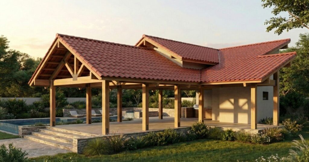 Palapa con cubierta de lámina tipo teja