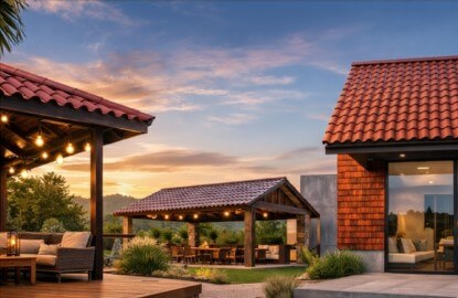 Pérgolas y residencia de lámina tipo teja