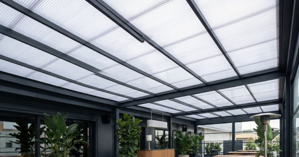 Terraza comercial con cubierta de policarbonato celular