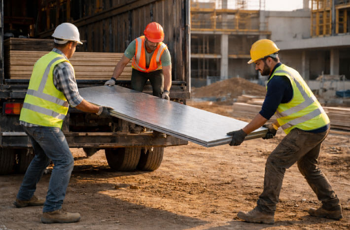 Trabajadores descargando láminas de la plataforma de un camión en obra