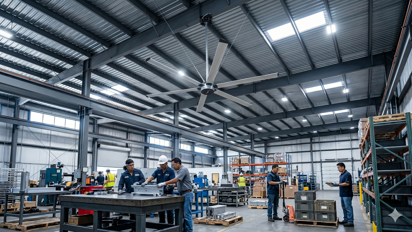 ventiladores hvls para techo de nave industrial