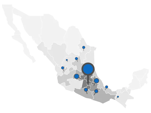 Mapa de México señalado con los puntos de la red de distribución de Aceros Torices